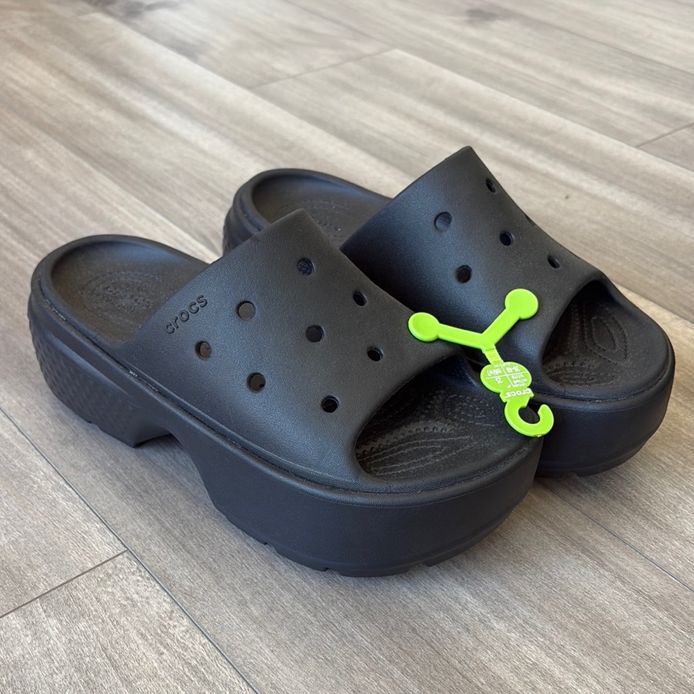 CROCS Black Platform Clogs with Neon Green Charm